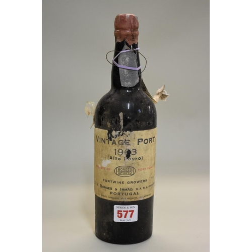 577 - A 75cl bottle of 1963 vintage port (Alto Douro), Borges & Irmao.