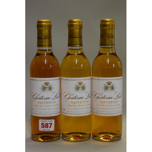 587 - Three 37.5cl bottles of Chateau Liot, 1999, Sauternes. (3)