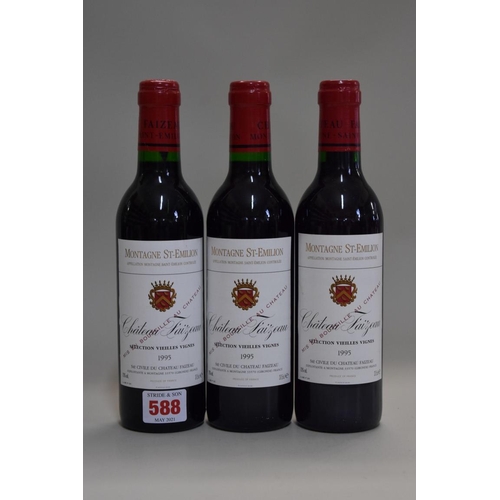 588 - Three 37.5cl bottles of Chateau Faizeau Vieilles Vignes, 1995, Montagne St Emilion. (3)... 