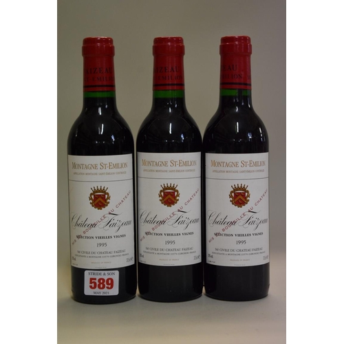 589 - Three 37.5cl bottles of Chateau Faizeau Vieilles Vignes, 1995, Montagne St Emilion. (3)... 