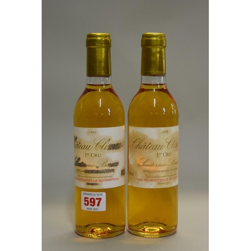 597 - Two 37.5cl bottles of Chateau Climens 1er Cru, Sauternes-Barsac, 1988, (2).