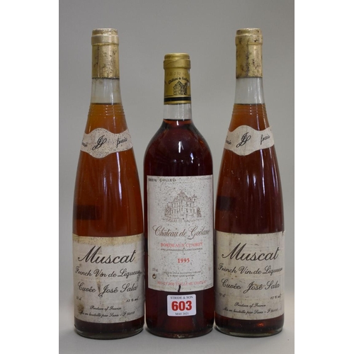 603 - Two old 75cl bottles of Muscat; together with a 75cl bottle of Chateau de Goelane, 1995, Bordeaux Cl... 