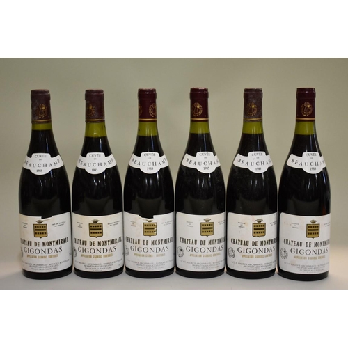 619 - Six 75cl bottles of Gigondas Cuvee Beauchamps, 1985, Chateau Montmirail. (6)