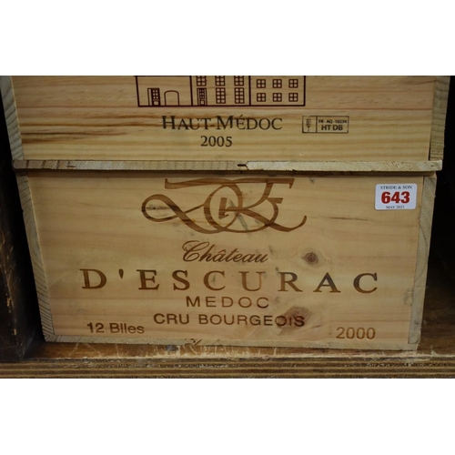 643 - A case of twelve 75cl bottles of Chateau d'Escurac, 2000, Cru Bourgeois Medoc, in owc. (12)PLEA... 