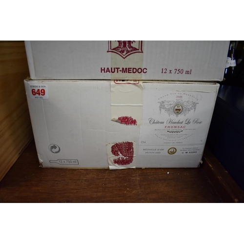 649 - A case of twelve 75cl bottles of Chateau Hauchat La Rose, 2000, Fronsac, in oc. (12)PLEASE NOTE... 