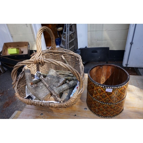 1073a - A wicker log basket; together with an eastern painted wooden paper bin.