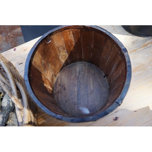 1073a - A wicker log basket; together with an eastern painted wooden paper bin.