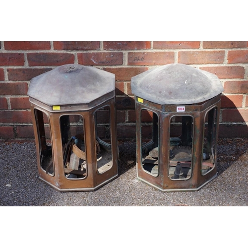 1074 - A pair of unusual antique copper hexagonal lanterns, 54cm high x 34.5cm wide.