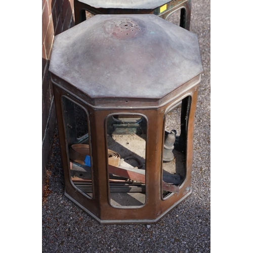 1074 - A pair of unusual antique copper hexagonal lanterns, 54cm high x 34.5cm wide.