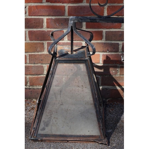 1075 - Two similar copper street lamps, one with wrought iron wall bracket, 83cm high x 60cm wide. 