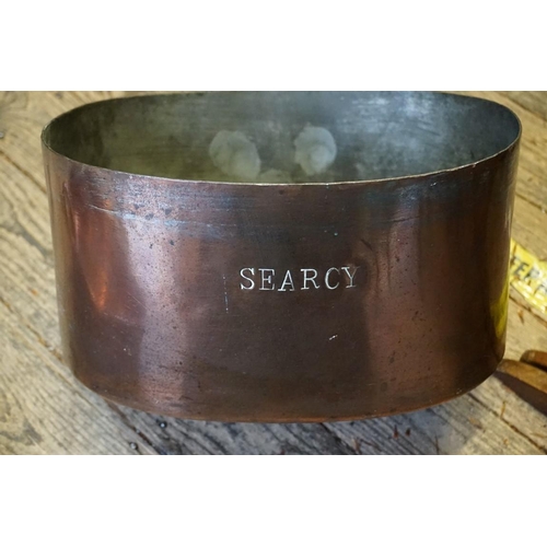 1081 - Four antique copper items, to include: a large saucepan inscribed 'Searcy' and stamped 'Temple &... 