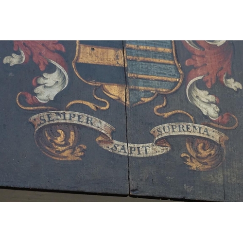 1082 - An antique armorial painted oak panel, inscribed with motto 'Semper Sapit Suprema', 45.5 x 35.5... 