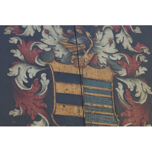 1082 - An antique armorial painted oak panel, inscribed with motto 'Semper Sapit Suprema', 45.5 x 35.5... 