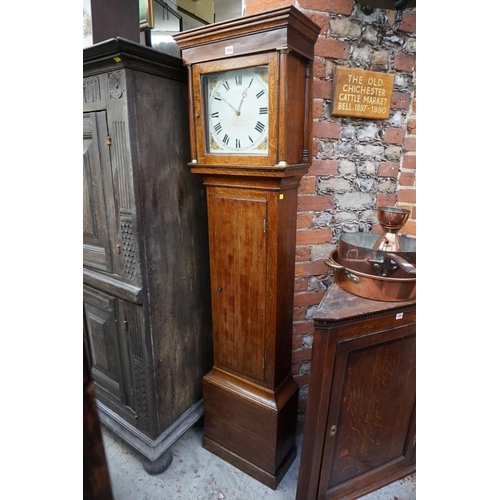 1084 - An early 19th century oak 30 hour longcase clock, the 11in square painted dial inscribed 'Jos Plowma... 