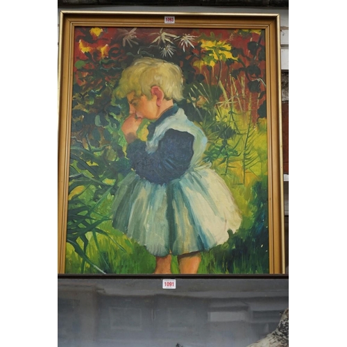 1093 - J Cherrington, a child amongst flowers, signed, oil on board, 90 x 59cm. 