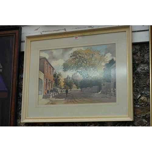 1094 - Juliet Pannett, 'High Street, Angmering' signed and dated 1973, inscribed on artist's label verso, w... 