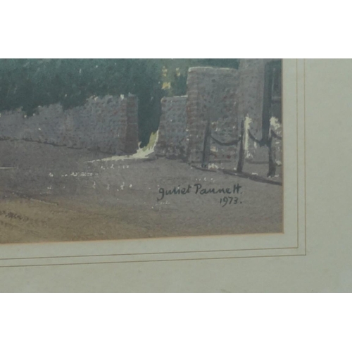 1094 - Juliet Pannett, 'High Street, Angmering' signed and dated 1973, inscribed on artist's label verso, w... 