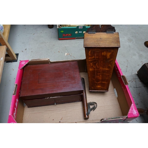 1099 - A 19th century oak and line inlaid candle box; together with an old stained wood casket; and a cosh.... 