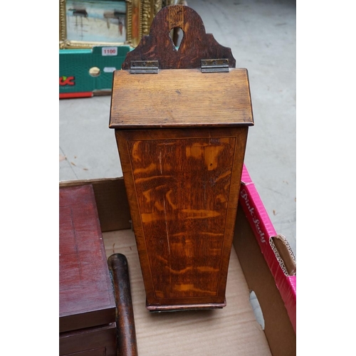 1099 - A 19th century oak and line inlaid candle box; together with an old stained wood casket; and a cosh.... 