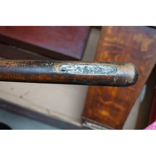 1099 - A 19th century oak and line inlaid candle box; together with an old stained wood casket; and a cosh.... 