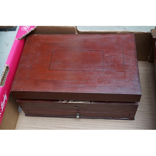 1099 - A 19th century oak and line inlaid candle box; together with an old stained wood casket; and a cosh.... 