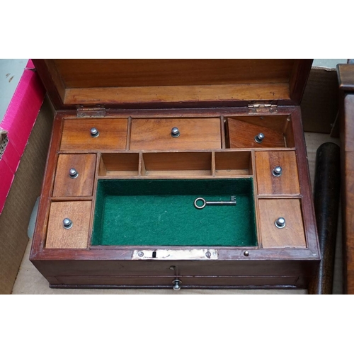 1099 - A 19th century oak and line inlaid candle box; together with an old stained wood casket; and a cosh.... 