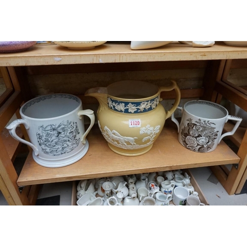 1120 - A Victorian pottery 'frog' tyg, 16cm high; together with another Victorian loving cup; and a buff po... 