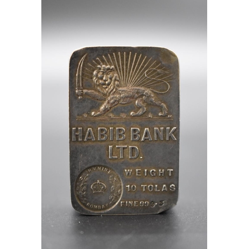 157 - A rare Habib bank .999 silver ten Tolas ingot, stamped 'H.M Mint Bombay', 116g.