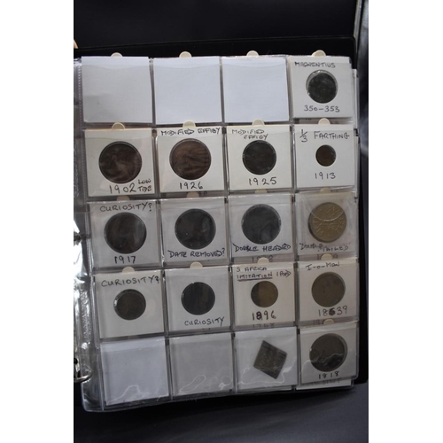 174 - Coins: an interesting album of UK and other coins and tokens, mostly 19th century, to include: token... 