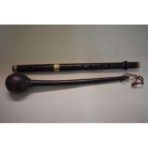 1790 - A Zulu knobkerrie, 35cm; together with a rosewood flute, 38cm (incomplete).