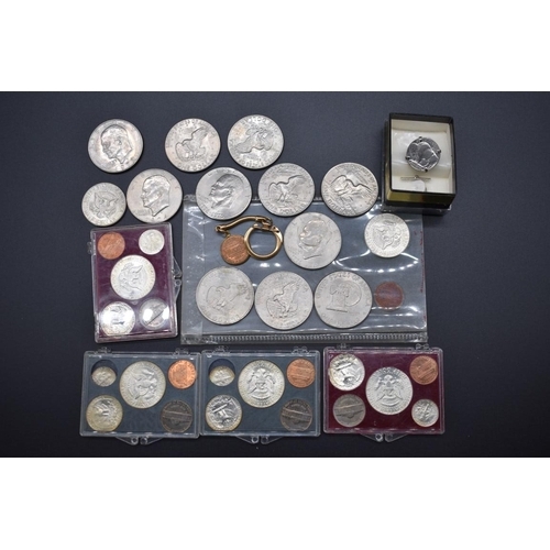 166 - Coins: a small quantity of US coinage to include: eleven dollar coins; and four 1964 uncirculated co... 