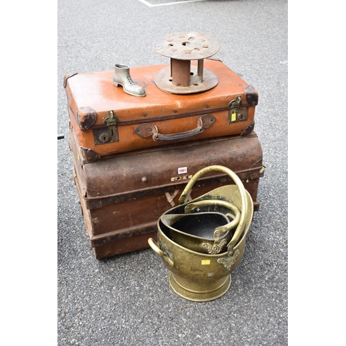 1061 - An old tin trunk; together with a leather suitcase, coal scuttle and two small cans and an old stage... 