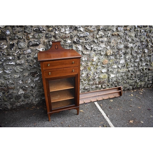 1075 - An Edwardian inlaid mahogany music cabinet; together with a modern oak hanging corner cupboard. Coll... 