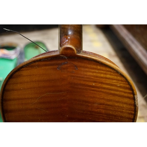 1705 - A small eight string banjo, in case; together with a 13in violin, with bow and ebonized case. (2)... 