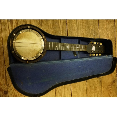 1705 - A small eight string banjo, in case; together with a 13in violin, with bow and ebonized case. (2)... 