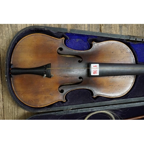 1706 - An antique violin, indistinctly labelled to interior, the 14in one piece back inscribed 'Duke, Londo... 