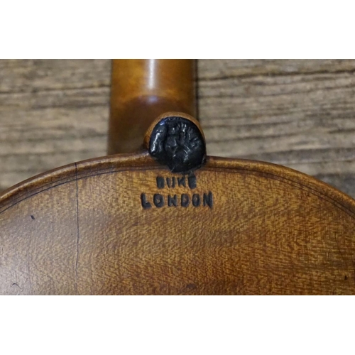 1706 - An antique violin, indistinctly labelled to interior, the 14in one piece back inscribed 'Duke, Londo... 