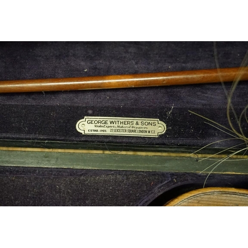 1706 - An antique violin, indistinctly labelled to interior, the 14in one piece back inscribed 'Duke, Londo... 