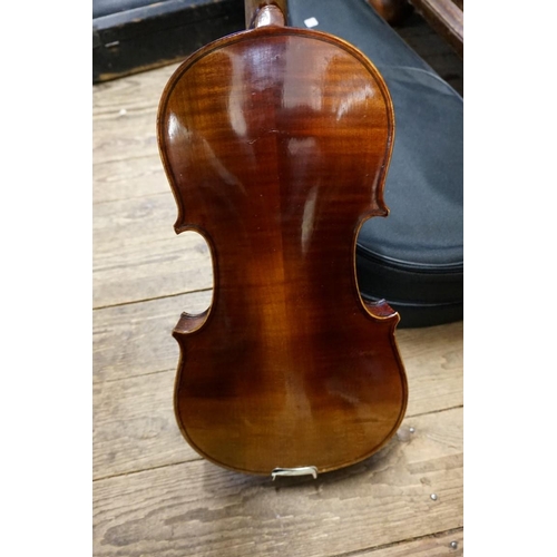 1709 - An old violin, with 14in two piece back, with bow inscribed Czechoslovakia, in padded case.&nbs... 