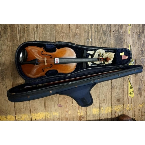 1715 - An old violin, with 14in one piece back, with bow and padded case.