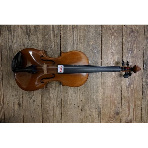 1715 - An old violin, with 14in one piece back, with bow and padded case.