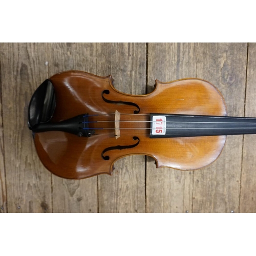 1715 - An old violin, with 14in one piece back, with bow and padded case.