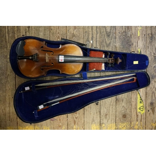 1716 - An antique Continental violin, labelled 'Repaired by T Thorley, Failsworth, 1887', with 14in two pie... 