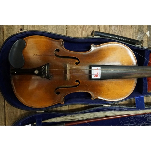 1716 - An antique Continental violin, labelled 'Repaired by T Thorley, Failsworth, 1887', with 14in two pie... 