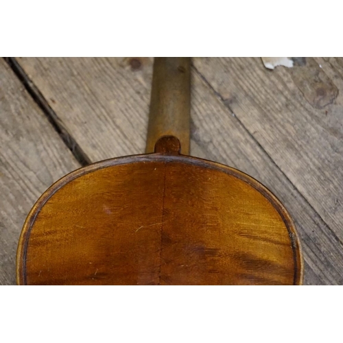 1716 - An antique Continental violin, labelled 'Repaired by T Thorley, Failsworth, 1887', with 14in two pie... 