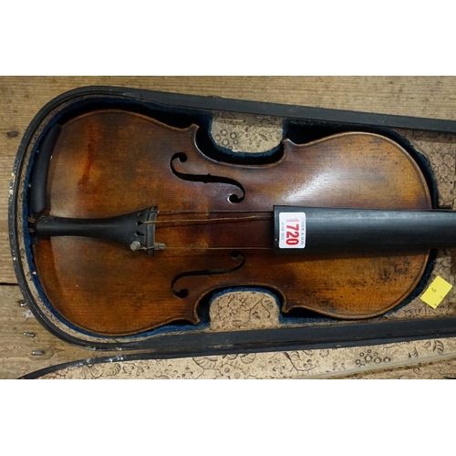 1720 - An antique Continental violin, labelled 'Nicolaus Amatus,...', with 14in one piece back, with bow an... 