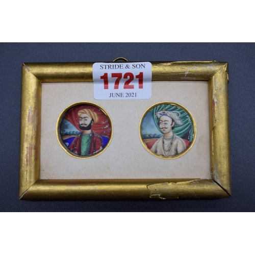 1721 - Indian School, a pair of portrait miniatures, on ivory, 2.8cm diameter, framed as one.... 