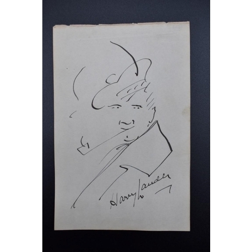 101 - LAUDER (Sir Harry, Scottish entertainer): self-caricature signed 'Harry Lauder', black ink on old al... 