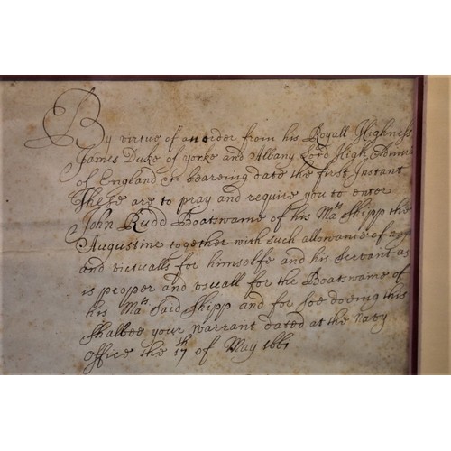 450 - PEPYS (Samuel, 1633-1703): manuscript warrant dated 17th May 1661, licensing one John Rudd boatswain... 