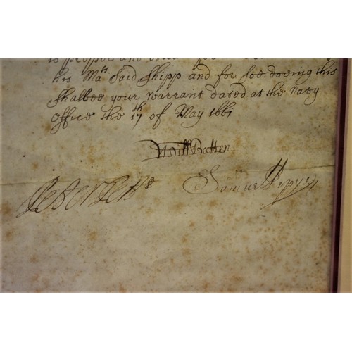 450 - PEPYS (Samuel, 1633-1703): manuscript warrant dated 17th May 1661, licensing one John Rudd boatswain... 